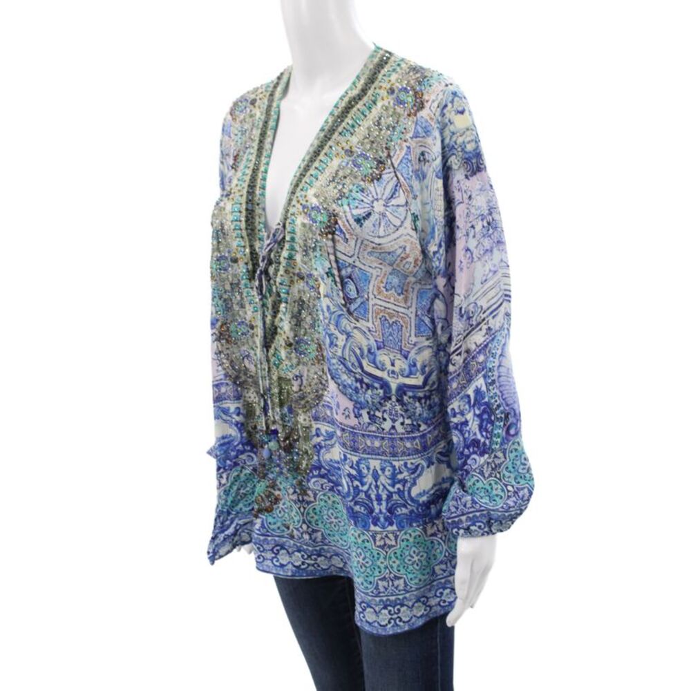 Camilla Women Tunic Blue Silk Paisley V-Neck Long Sleeve Bohemian Size 1